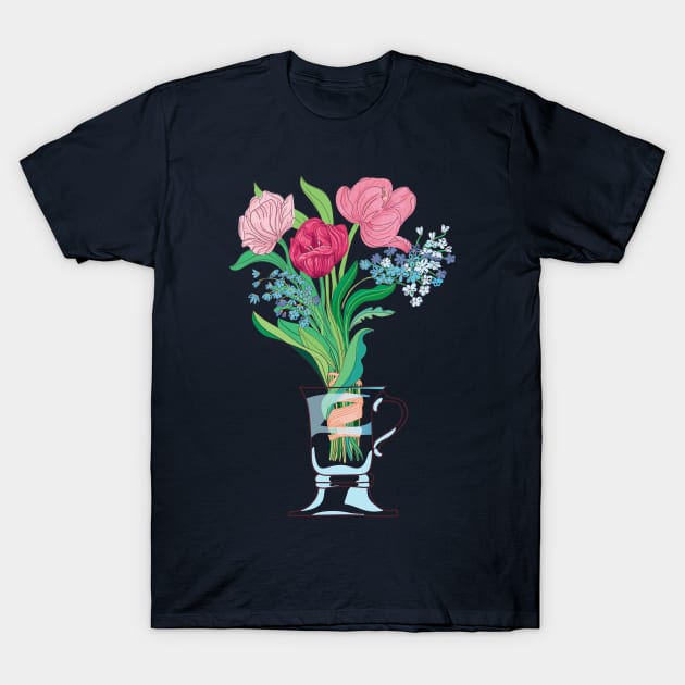 Three tulips and Spring flowers in a tea cup, glass jar T-Shirt by IngaDesign